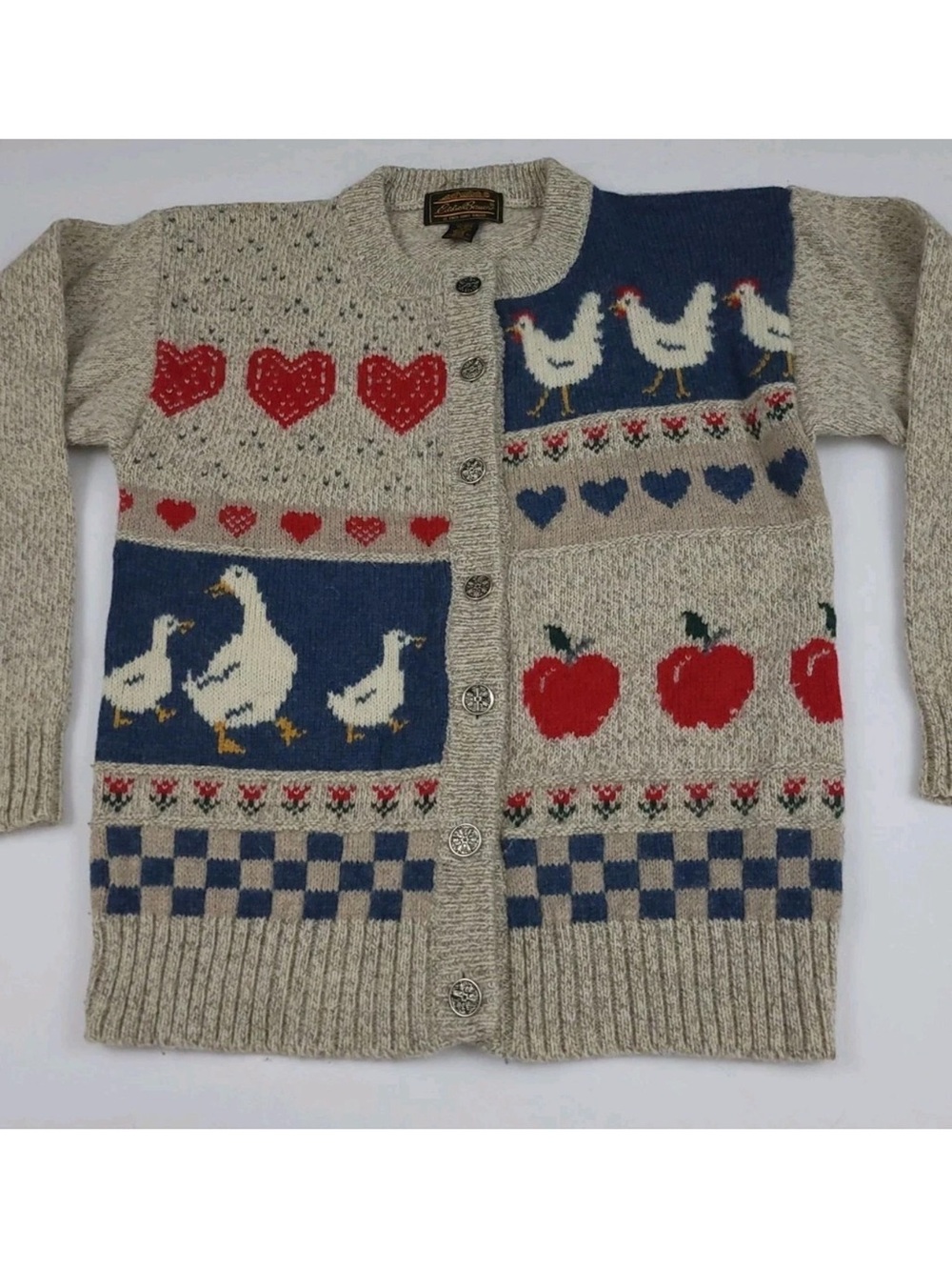 Vintage 80s 1989 Eddie Bauer Country Pattern Knit Cardigan Sweater Wool Rare USA - Picture 1 of 7